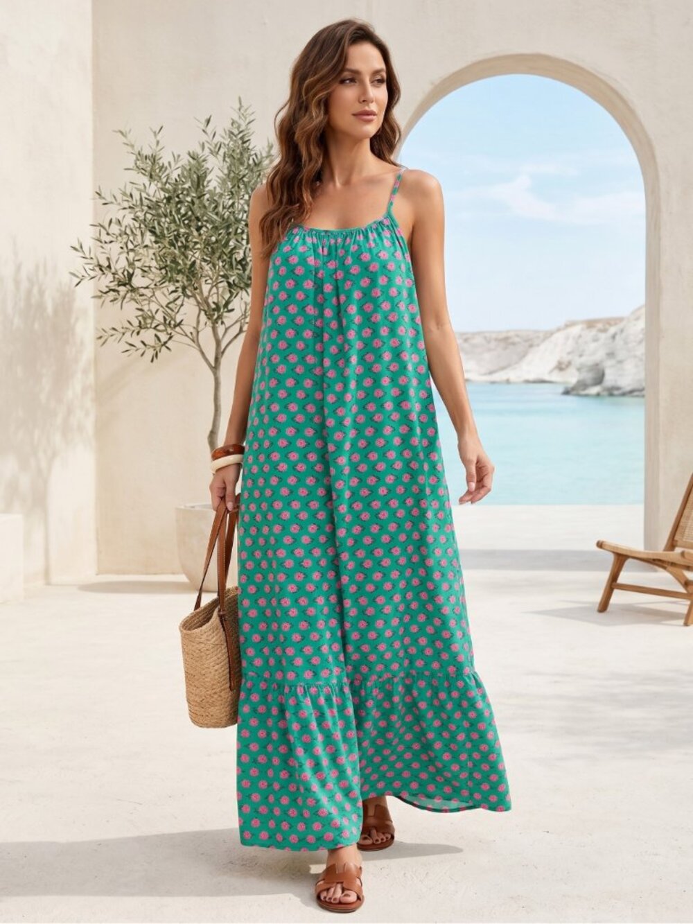 Women Boho Maxi Dress Green Pink Spaghetti Strap Flowy Beach Dress